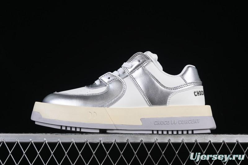 Choco Concert Leather Asymmetrical Fashion Sneakers Silver White - AJE5
