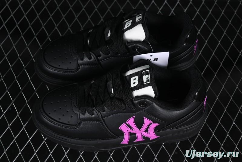 NY Yankees Black Leather Sneakers with Bold Pink Logo