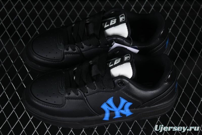 NY Yankees Black Leather Sneakers with Bold Blue Logo