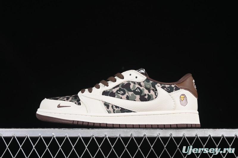 Nike Travis Scott x Fragment Design x Air Jordan 1 Low OG SP AJ1 Bape Collaboration Beige Camo Low-Top Casual Sneakers - XS2024-019