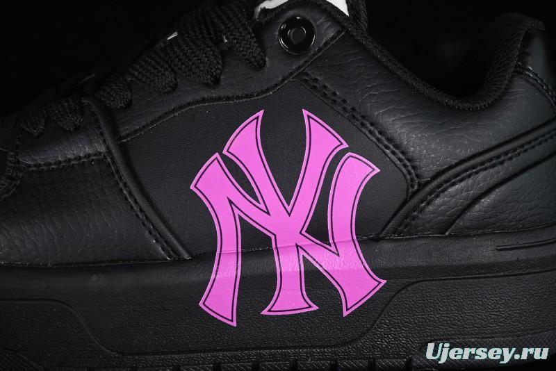 NY Yankees Black Leather Sneakers with Bold Pink Logo