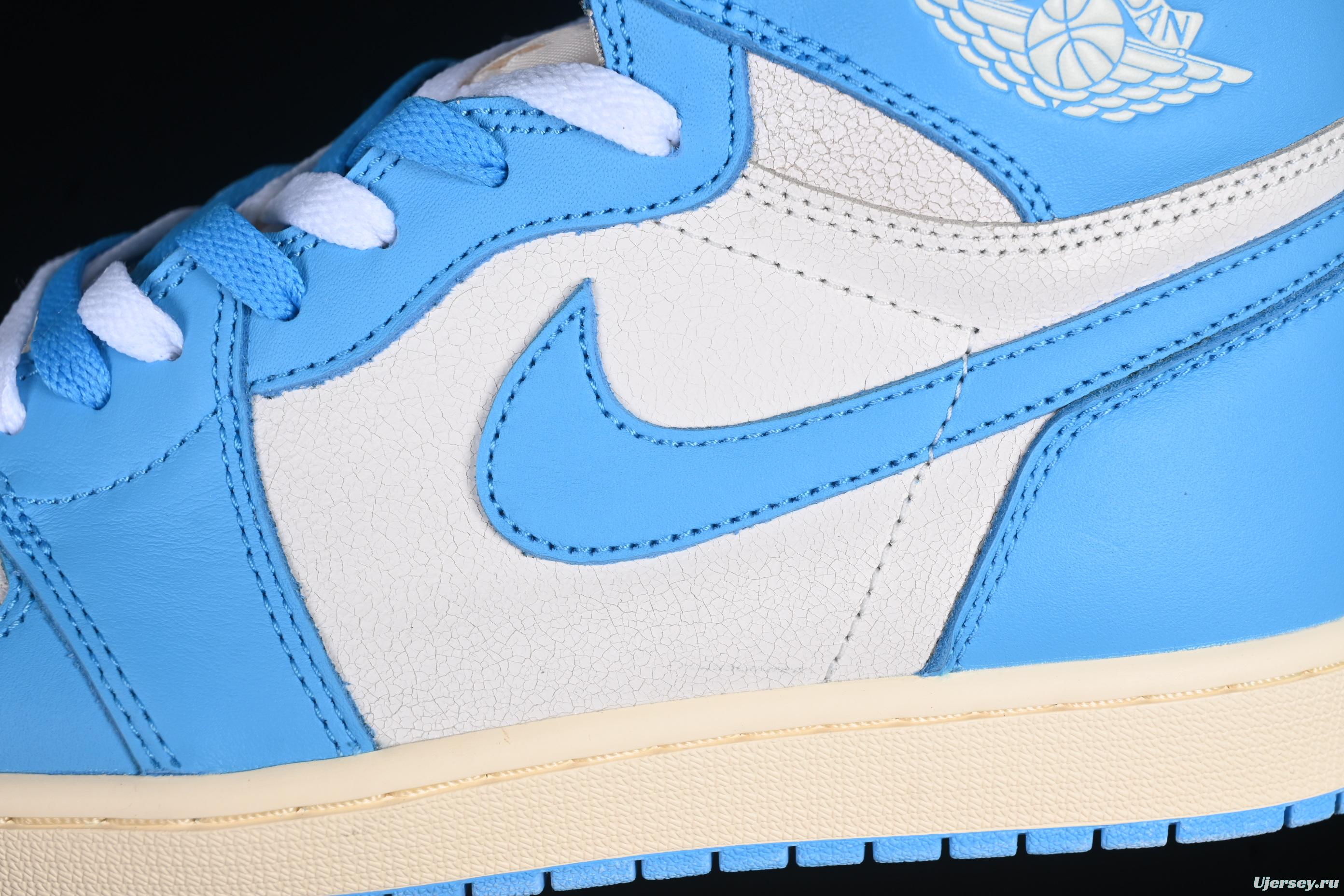 Nike Air Jordan 1 High OG "UNC Reimagined" Retro Basketball Shoes with Cracked Leather and Vintage Midsole - DZ5485-402