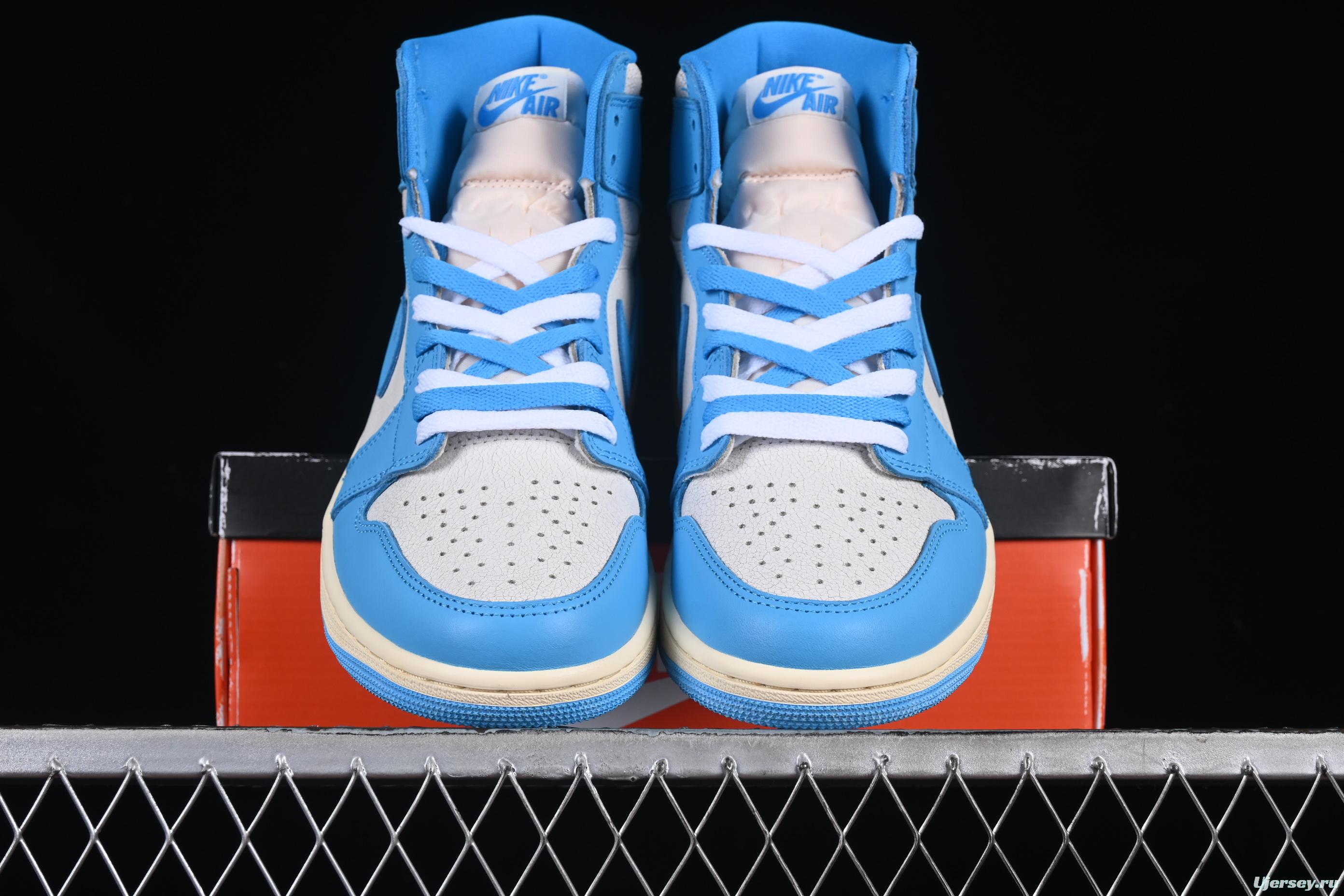 Nike Air Jordan 1 High OG "UNC Reimagined" Retro Basketball Shoes with Cracked Leather and Vintage Midsole - DZ5485-402