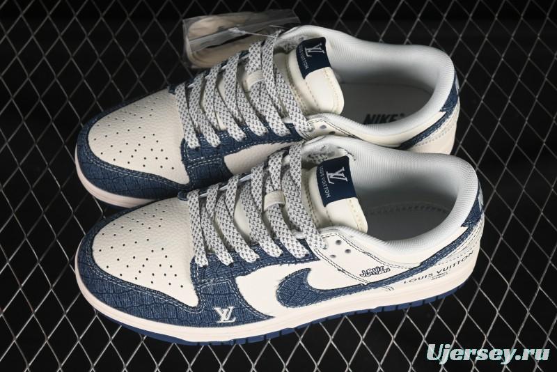 Nike SB Dunk Low LV Series Denim Blue Swoosh Anniversary High-End Custom Low-Top Casual Skate Shoes - FC1688-221
