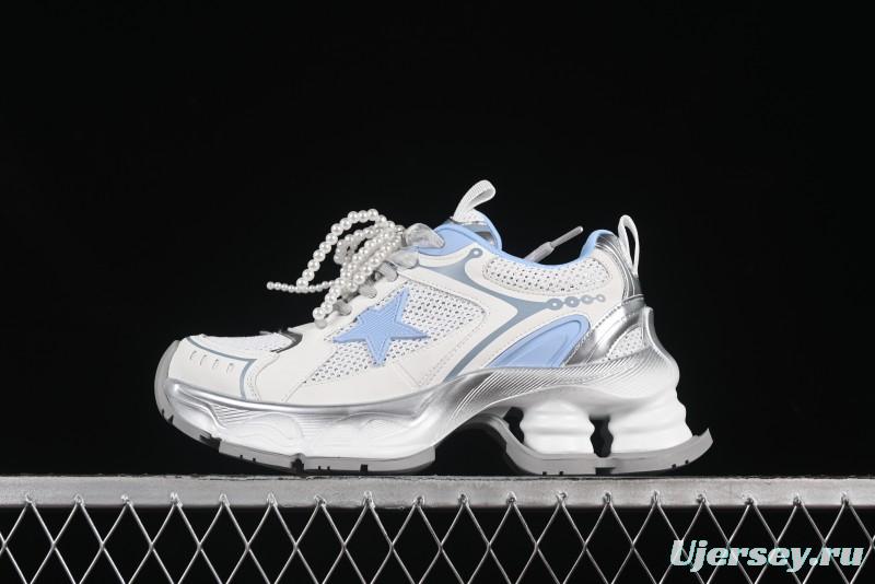 GG-CC Star Same Style Lace-Up Hollow Out Dad Shoes with 5cm Hidden Height Increase - G25X269 White Blue