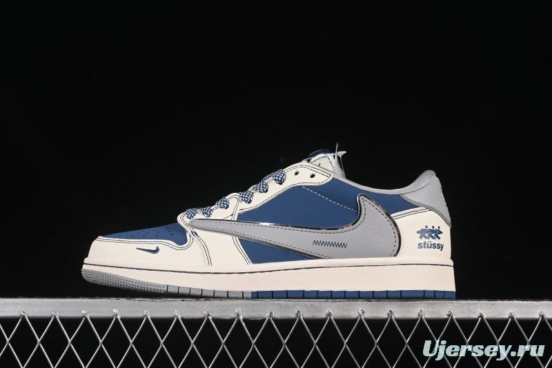 Nike Travis Scott x Fragment Design x Air Jordan 1 Low OG SP AJ1 Stussy Collaboration Dual-Tone Grey Hook Low-Top Casual Sneakers - ZH2598-245