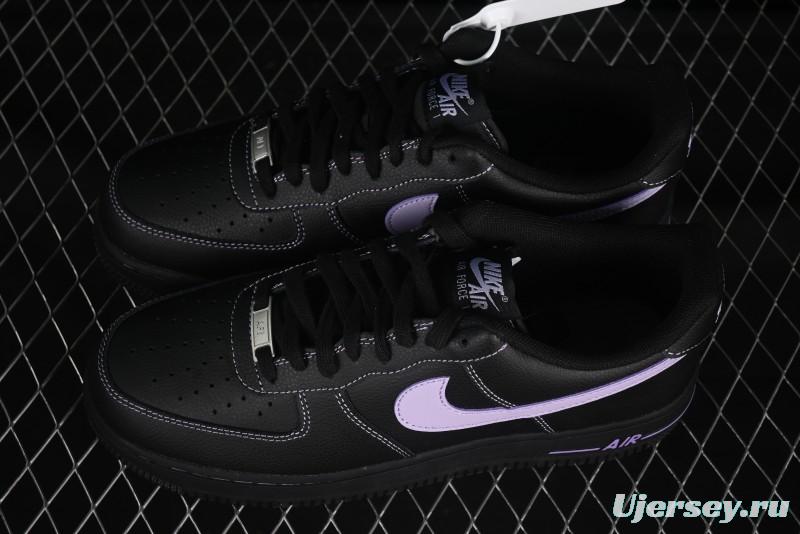 Nike Air Force 1'07 Low Casual Sneakers in Black with Purple Swoosh - HQ2037-001