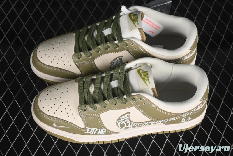 Nike SB Dunk Low Dior Graffiti Green Swoosh Anniversary Custom Low Top Casual Skate Shoes - KK1333-044