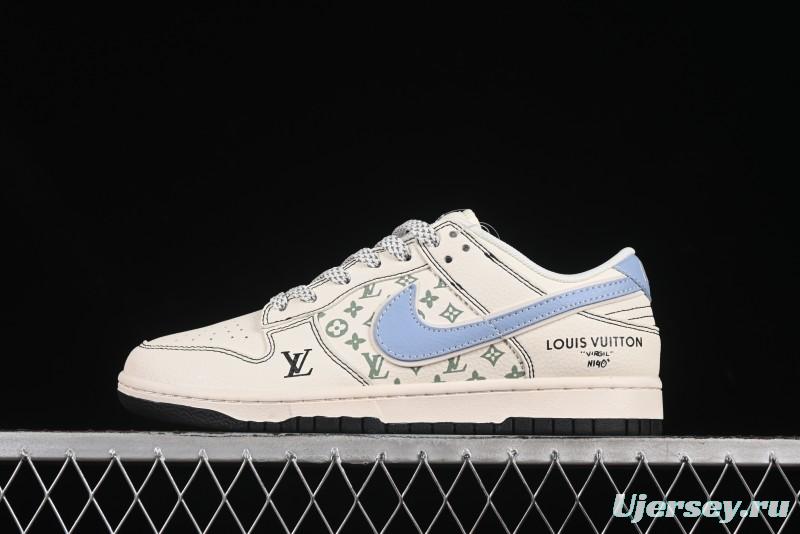 Nike SB Dunk Low LV Collaboration Anniversary Custom Sneakers with Black Stitch and Blue Swoosh - XX3168-143