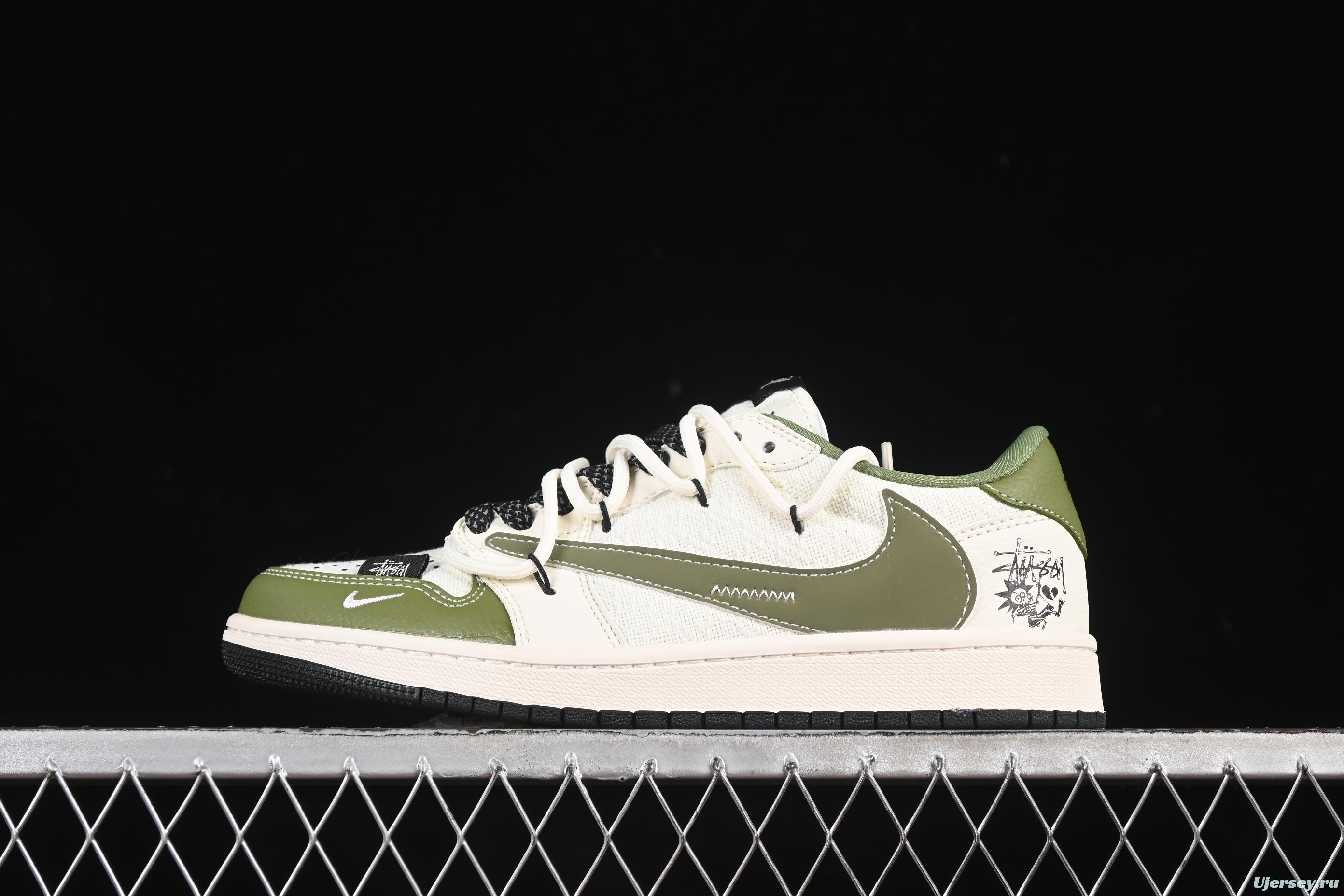 Nike Travis Scott x Fragment Design x Air Jordan 1 Low OG SP AJ1 Stussy Collaboration Green Hemp Lace-Up Low-Top Casual Sneakers - DM6868-104
