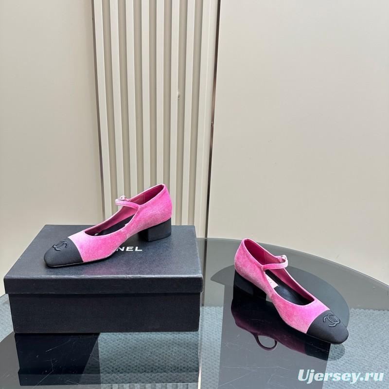 2025 Women Chanel Pink Black Velvet Mary Jane Shoes