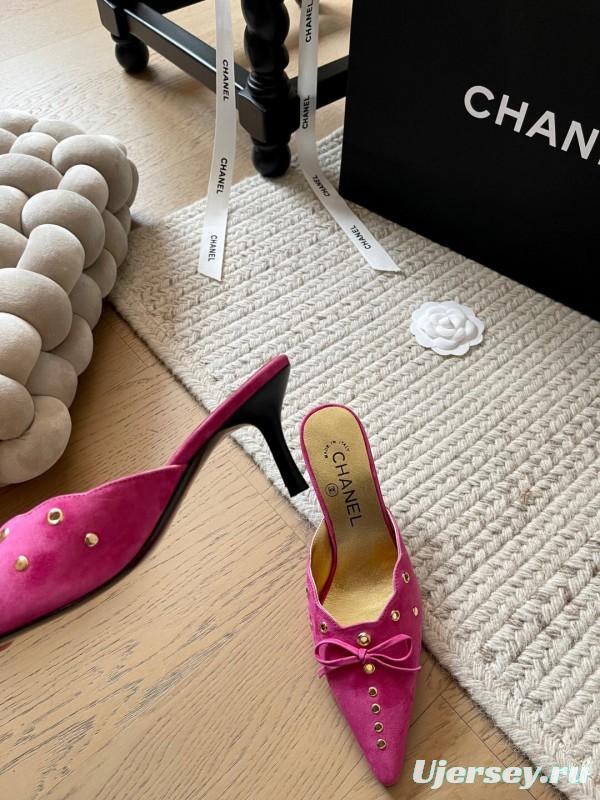 2025 Women Chanel Pink Suede Slip-on Mules KFY00290
