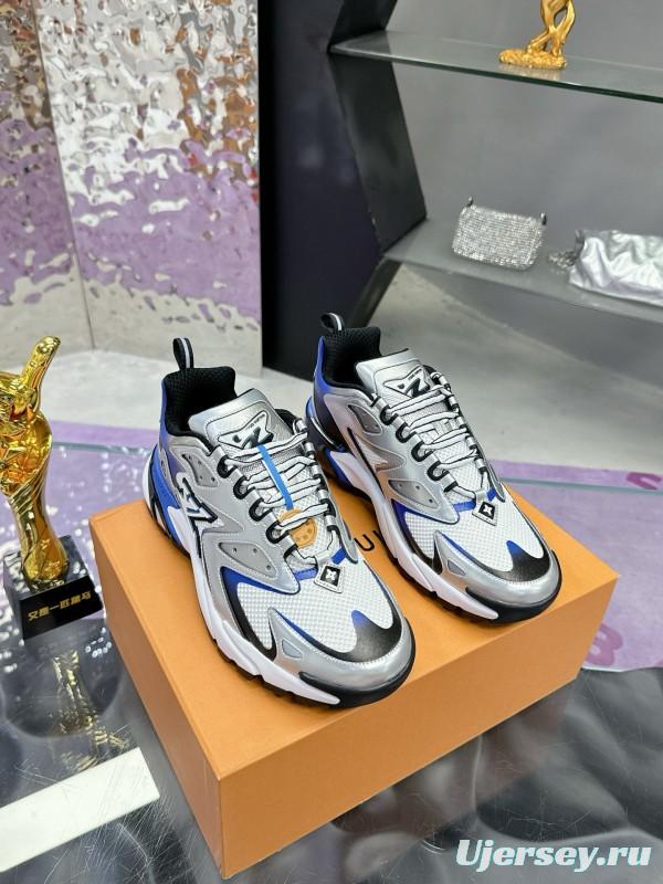 2025 Men Louis Vuitton White Blue Leather Mesh Sneakers MJ00420
