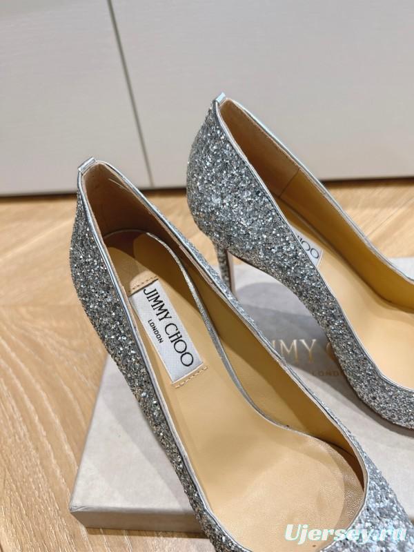 2025 Women Jimmy Choo Silver Glitter Leather Pointed Toe Pumps
