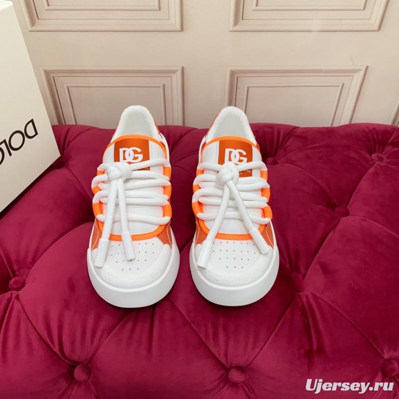 2025 Unisex Dolce & Gabbana Orange White Mesh Leather Sneakers
