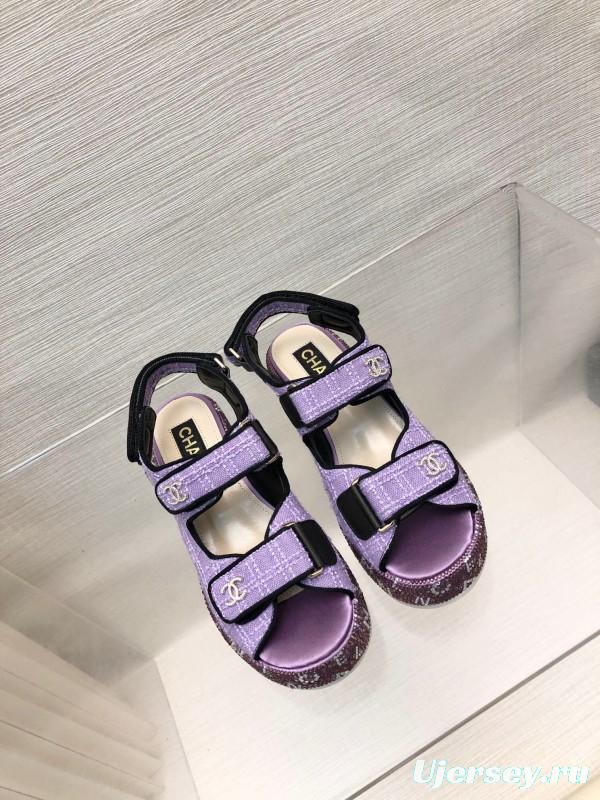 2025 Slippers Chanel Purple Fabric Wedge Sandals