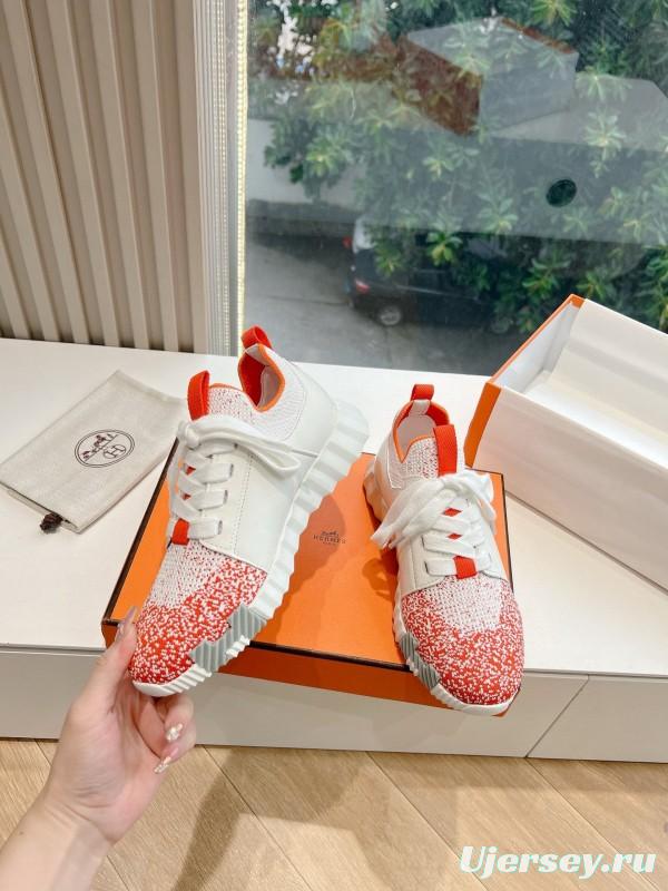 2024 Unisex Hermès white orange leather knit sneakers