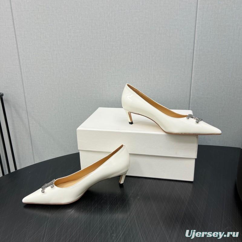 2025 Women Celine White Leather Pointed Toe Kitten Heel KFY00290