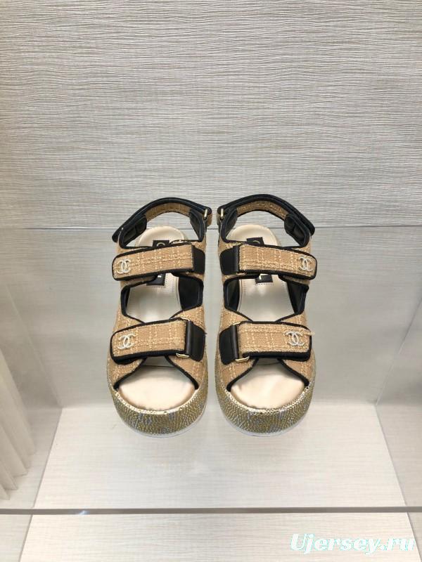 2025 Women Chanel Beige Black Leather Sandals Platform Thick Sole LY00330