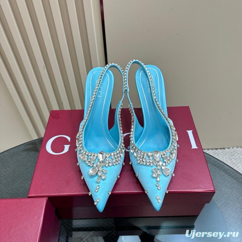 2025 Women Gucci Blue Silk Crystal Embellished Slingback Pumps MJ00340