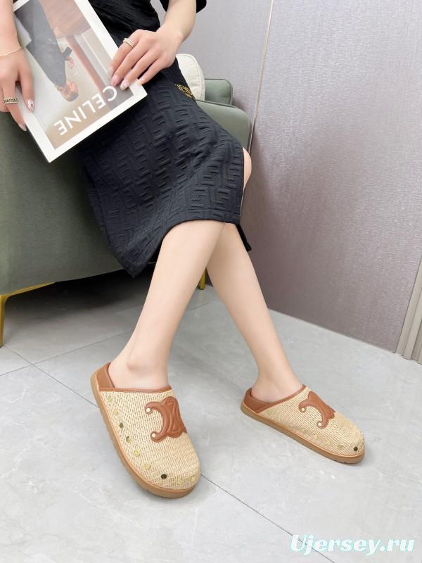 2025 CELINE Beige Leather Raffia Slippers LY00240