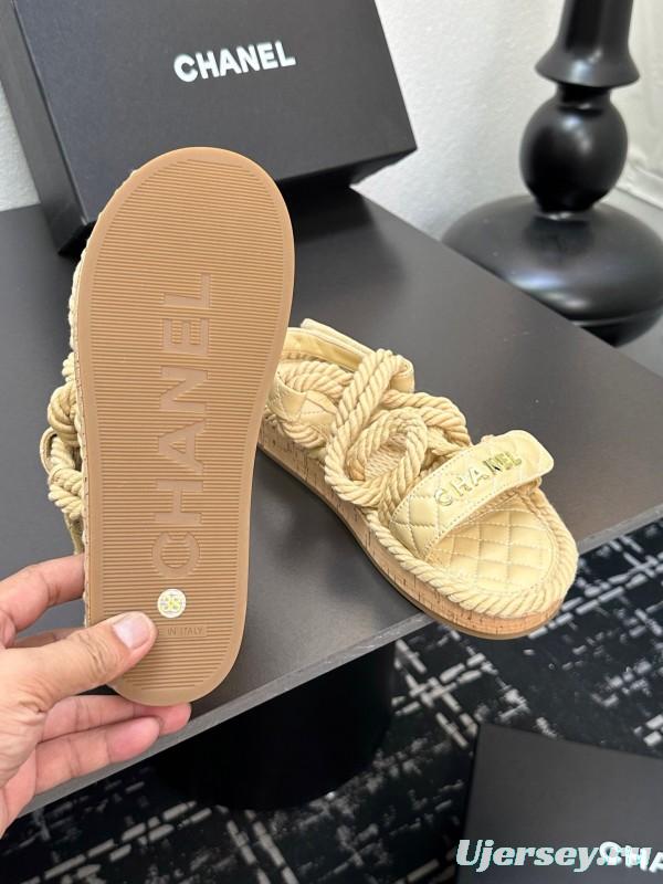 2025 Women Chanel Beige Rope Leather Slingback Sandals