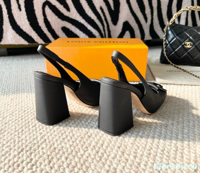 2024 Women Louis Vuitton Black Leather Slingback Heels