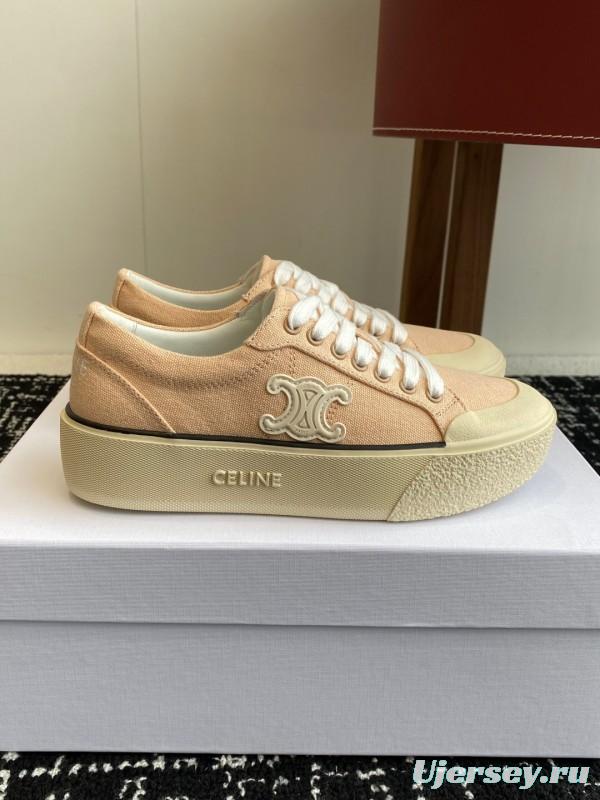 2025 Women Celine Beige Canvas Leather Platform Sneakers