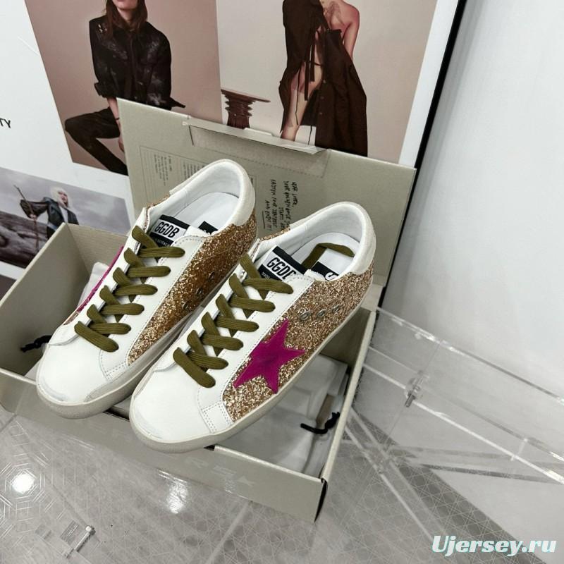 2025 Women GGDB White Gold Pink Glitter Leather Sneakers