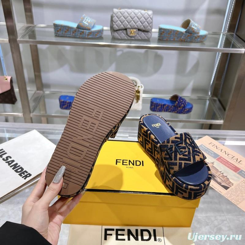 2025 Slippers Fendi Blue Brown Canvas Platform FF Jacquard KFY00240