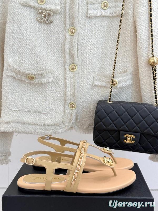 2025 Women Chanel Apricot Leather Sandals KFY00250