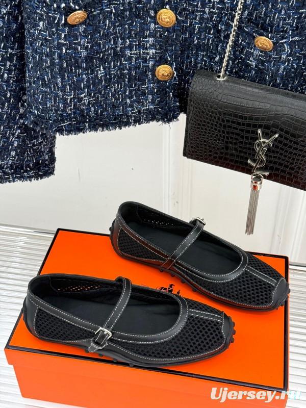 2025 Women Hermès Black Mesh Leather Mary Jane