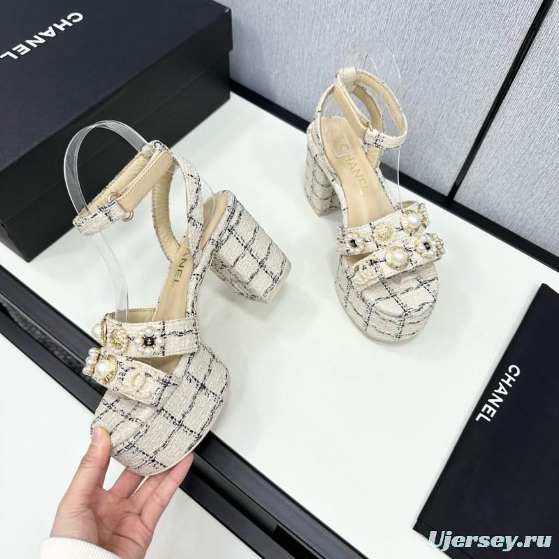 2025 Women Chanel Beige Black Tweed Leather Platform Sandals MJ00310