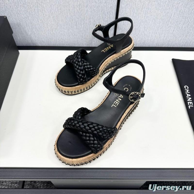 2025 Women Chanel Black Leather Braided Wedge Sandals