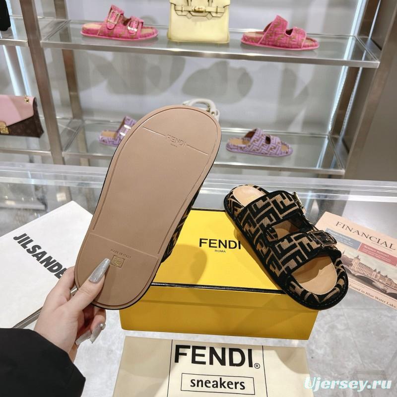 2025 Fendi Black Beige Jacquard Fabric Leather Slippers