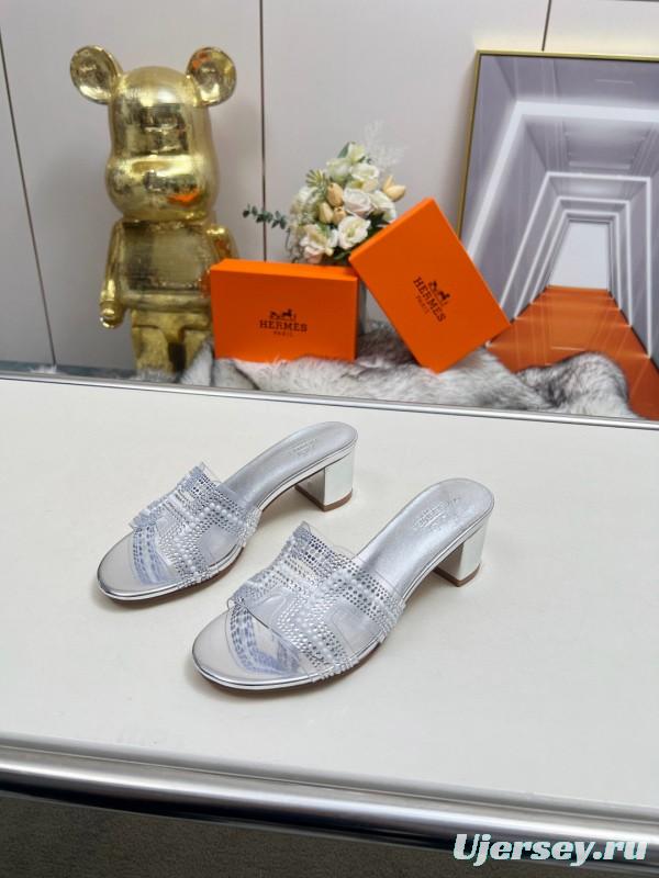 2025 Slippers Hermès Silver Leather Slippers MJ00180/215
