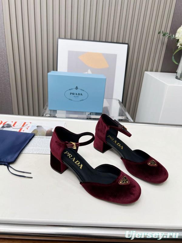 2025 Women Prada Burgundy Velvet Mary Jane Buckle KFY00270