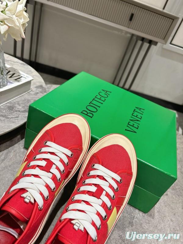 2025 Unisex Bottega Veneta Red Yellow Canvas Leather Sneakers Hand Painted KFY00260(F/M)