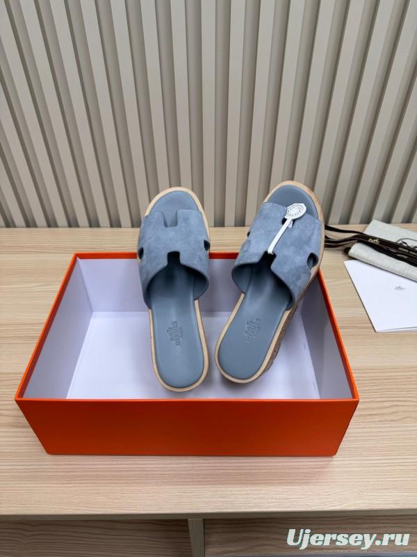 2025 Women Hermès Blue Suede Slippers