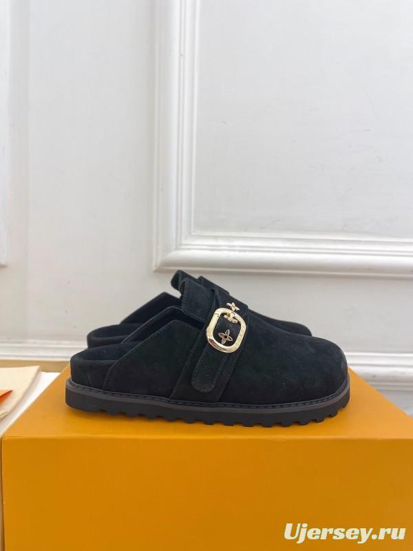 2025 Women Louis Vuitton Black Suede Mule Slip-On KFY00300