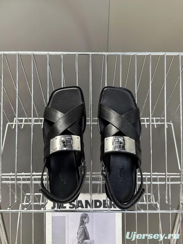 2025 Women Hermès Black Leather Sandals Metal Buckle KFY00300