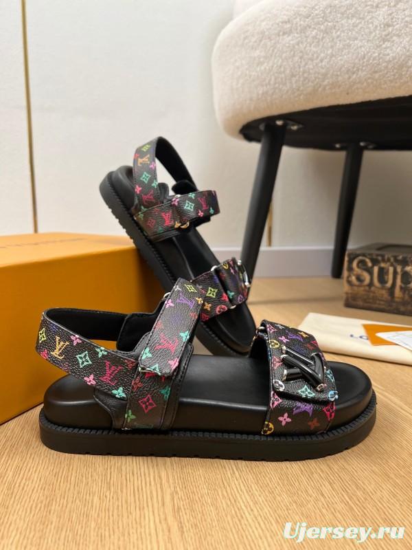 2025 Women Louis Vuitton Black Multicolor Canvas Sandals