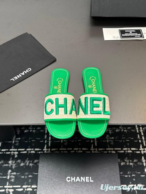 2025 Women Chanel Green Canvas Slippers