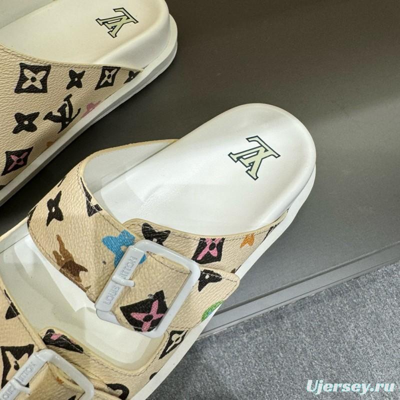 2024 Slippers Louis Vuitton Beige Multicolor Leather Slippers
