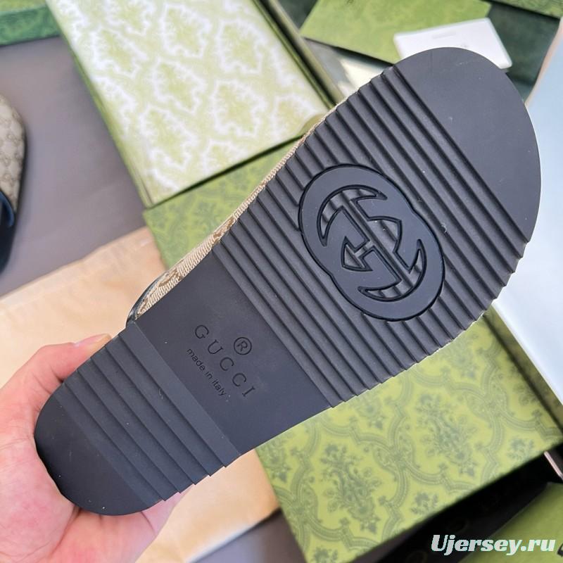 2024 Slippers Gucci Beige Brown Leather GG Pattern MJ00280