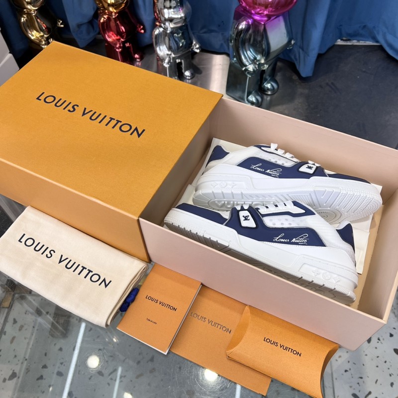 2025 Unisex Louis Vuitton White Navy Leather Sneakers