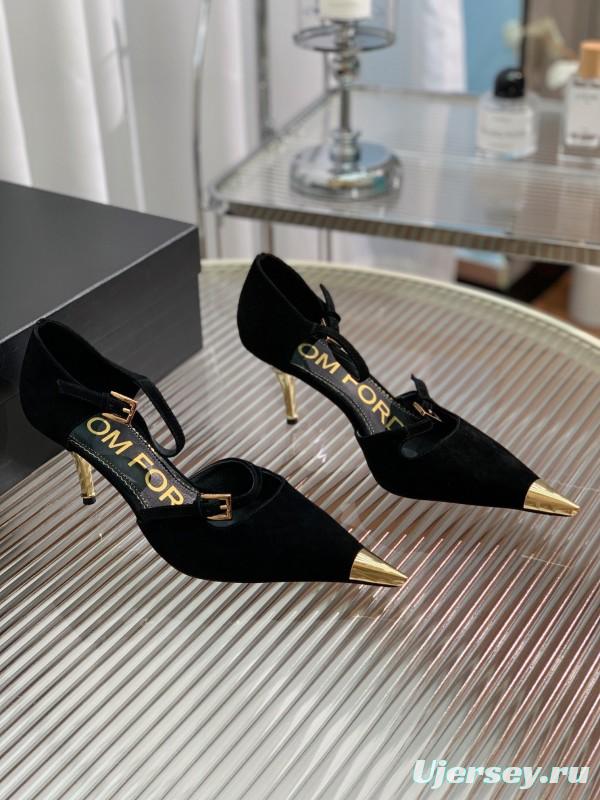 2025 Women TOM FORD Black Gold Suede Leather Pointed Pumps KFY00320