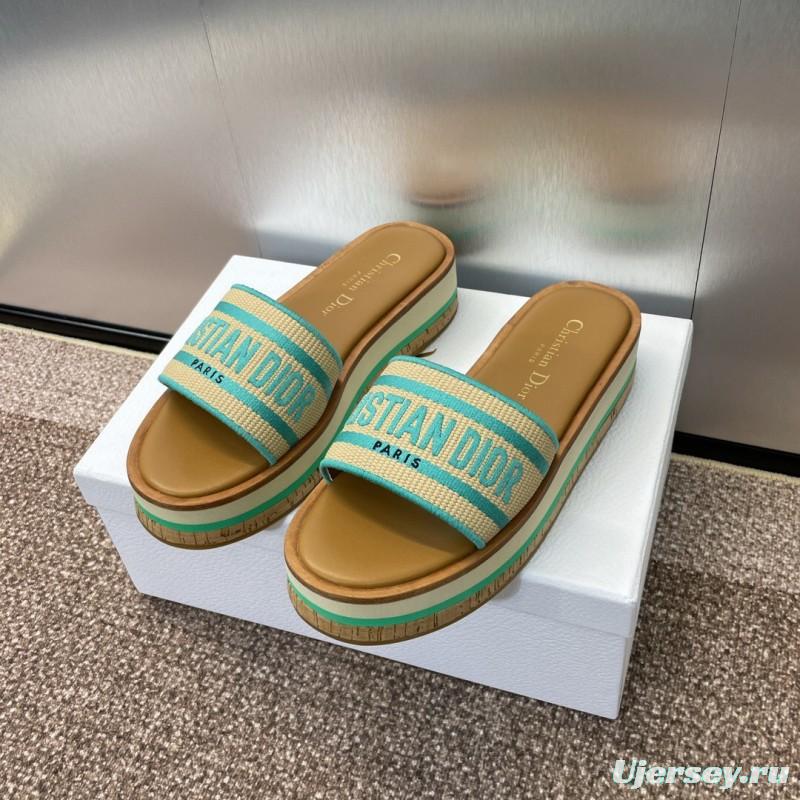 2025 Women Dior Blue Beige Fabric Leather Platform Slide Sandals