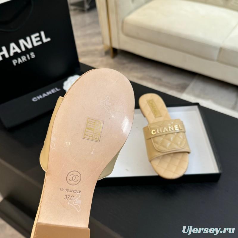 2025 Women Chanel Beige Leather Slippers
