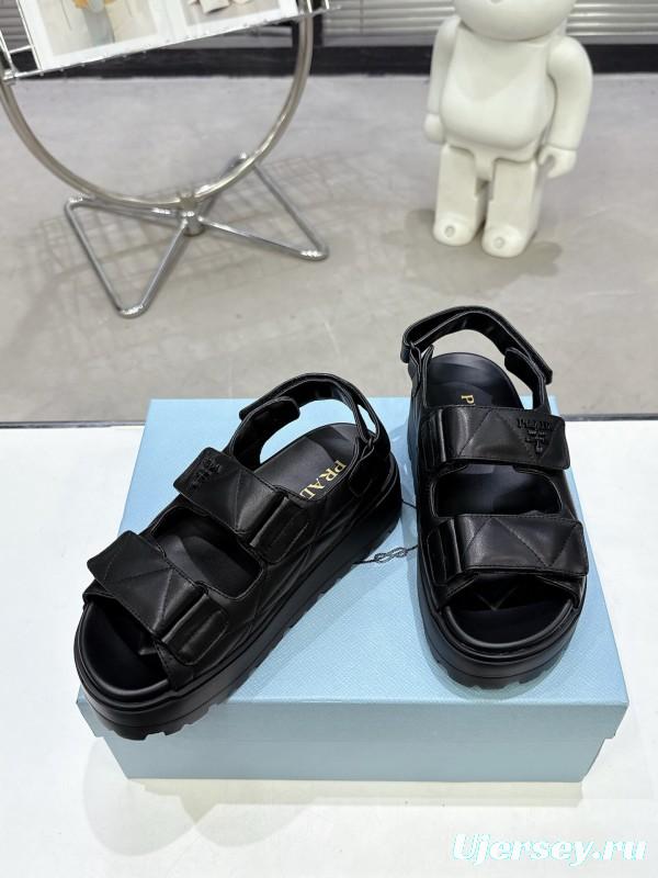 2025 Women Prada Black Leather Sandals
